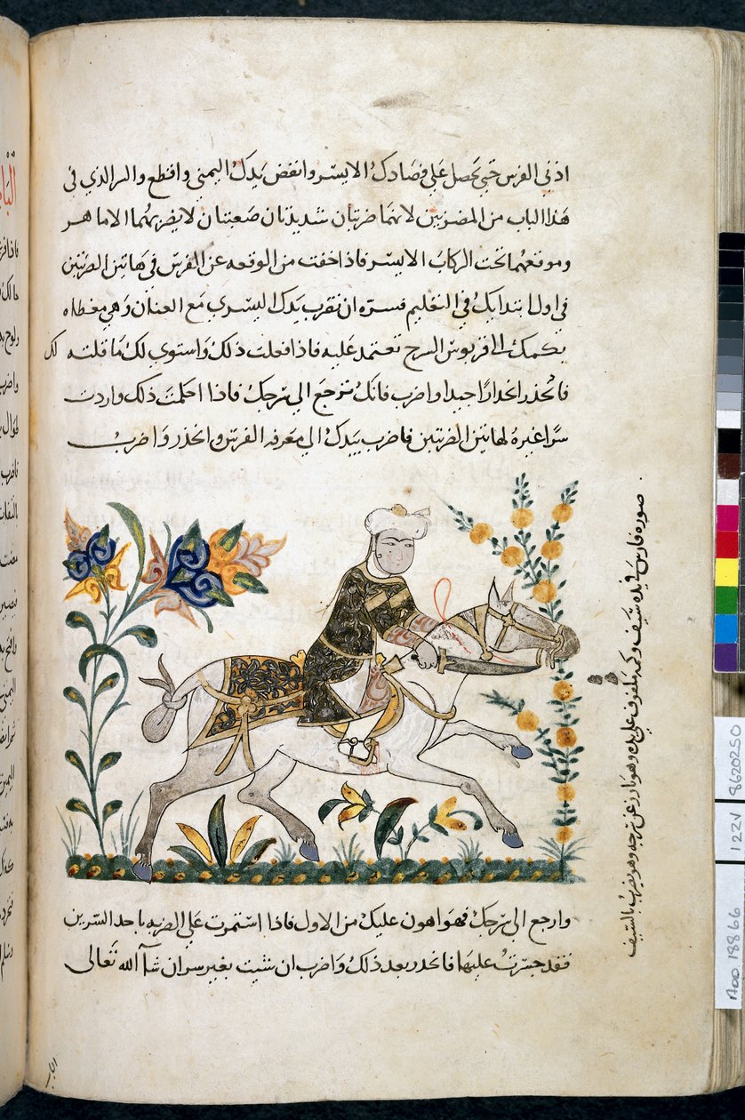 Nihāyat al-suʾl wa-al-umnīyah fī taʿlīm al-furūsīyah, Add MS 18866, f.122v, c.1371 (インクと顔料、紙) 作： 無名の画家