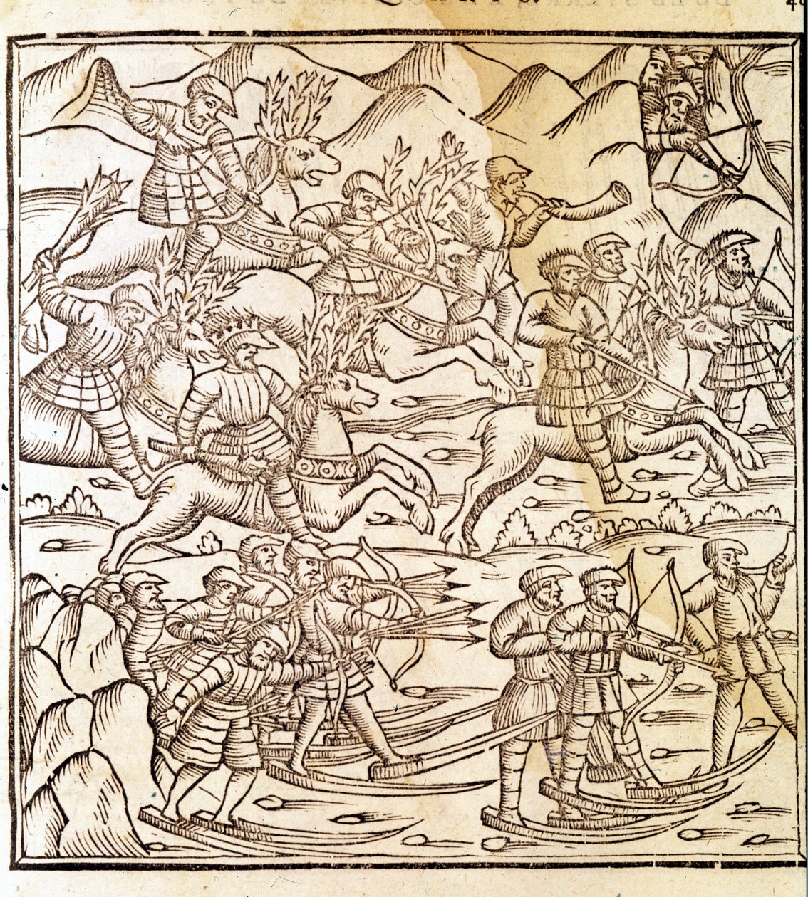 スキーとトナカイで旅をするノルウェーのハンターたち。Olaus Magnus (1490 - 1557), スウェーデンの宗教家・地理学者, "Historia de Gentis Septentrionalibus", ヴェネツィア, Engraving by Olaus Magnus (1490 - 1557). 作： 無名の画家