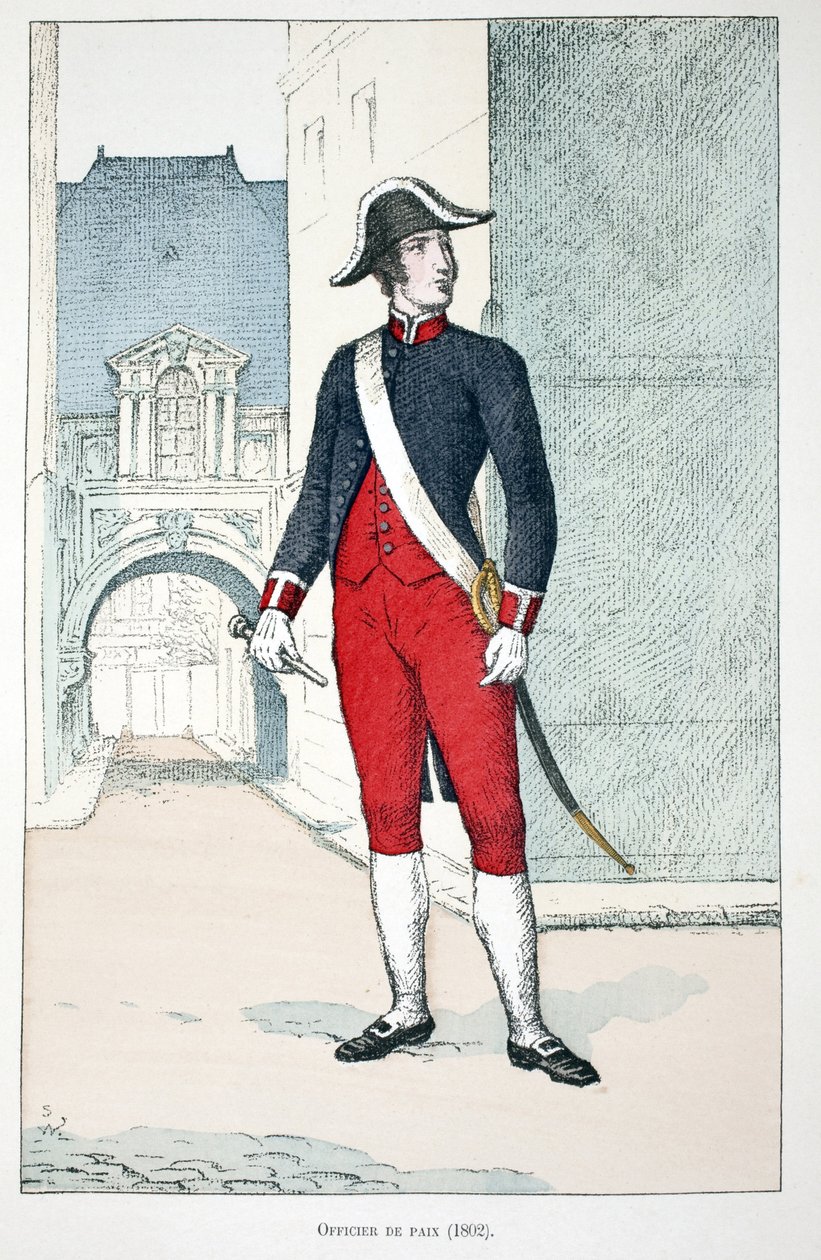 オフィサー・オブ・ピース（1802年）。アルフレッド・レイ(1864-?)とルイ・フェロン(1862-?)がセーヌ川の警察官だったルイ・ルピーヌ(1846-1933)の後援で出版した本「平和の戦士たちの歴史」の挿絵のためのカラーエッチング。 作： 無名の画家