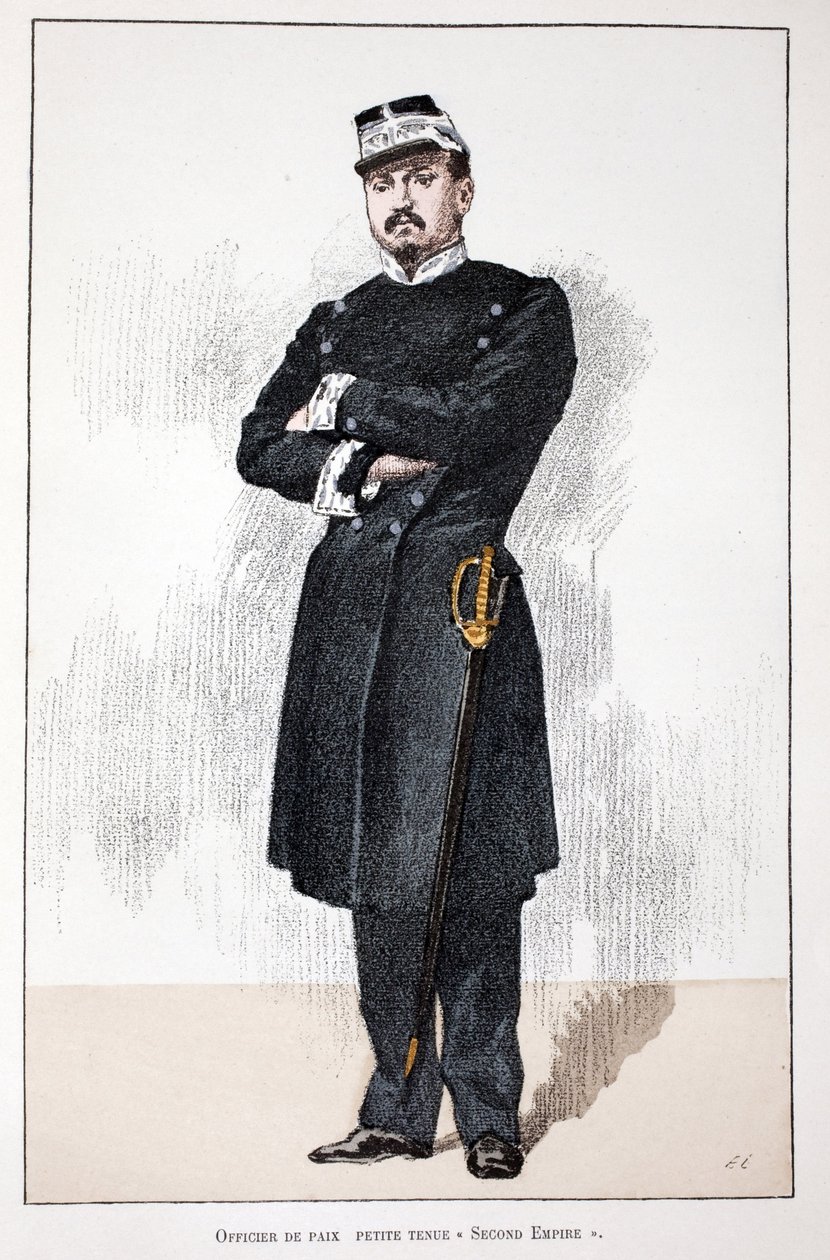 平和担当官、スモールセカンドエンパイアドレス（1852年～1870年）。アルフレッド・レイ(186)がセーヌ川の警察官だったルイ・ルピーヌ(1846-1933)の後援で出版した本「平和の戦士たちの歴史」の挿絵のためのカラーエッチング。 作： 無名の画家