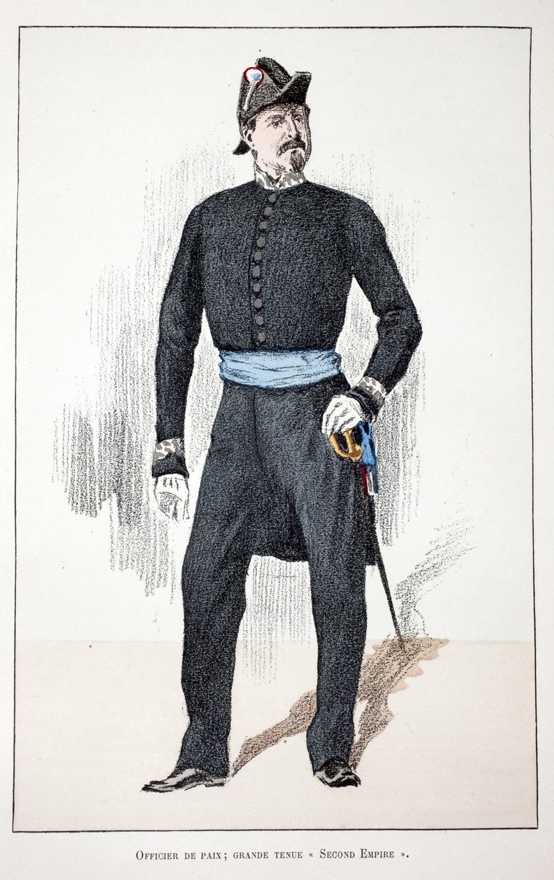 第二帝政期（1852年～1870年）の平和担当官。アルフレッド・レイ（1864-）によるセーヌ川警部のルイ・ルピーヌ（1846-1933）の後援で出版された本「平和の戦士たちの歴史」の挿絵のためのカラー・エッチング。 作： 無名の画家