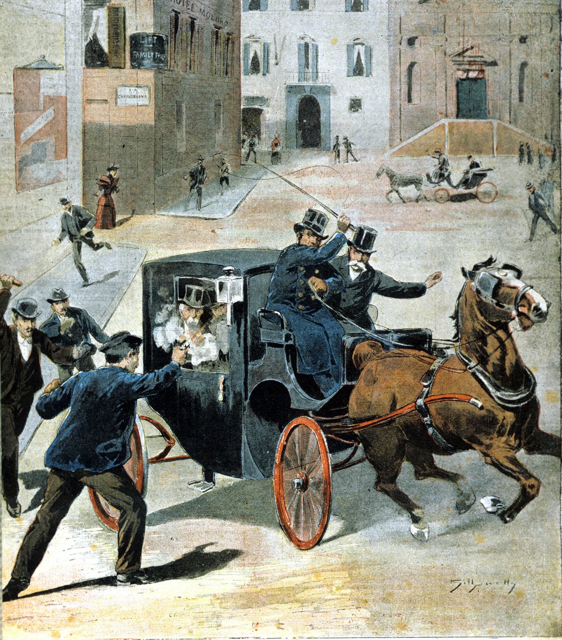1894年6月16日、ローマで、アナキストのパオロ・レガがイタリア評議会議長のフランチェスコ・クリスピにリボルバーを発砲した。当時のイラスト。 作： 無名の画家