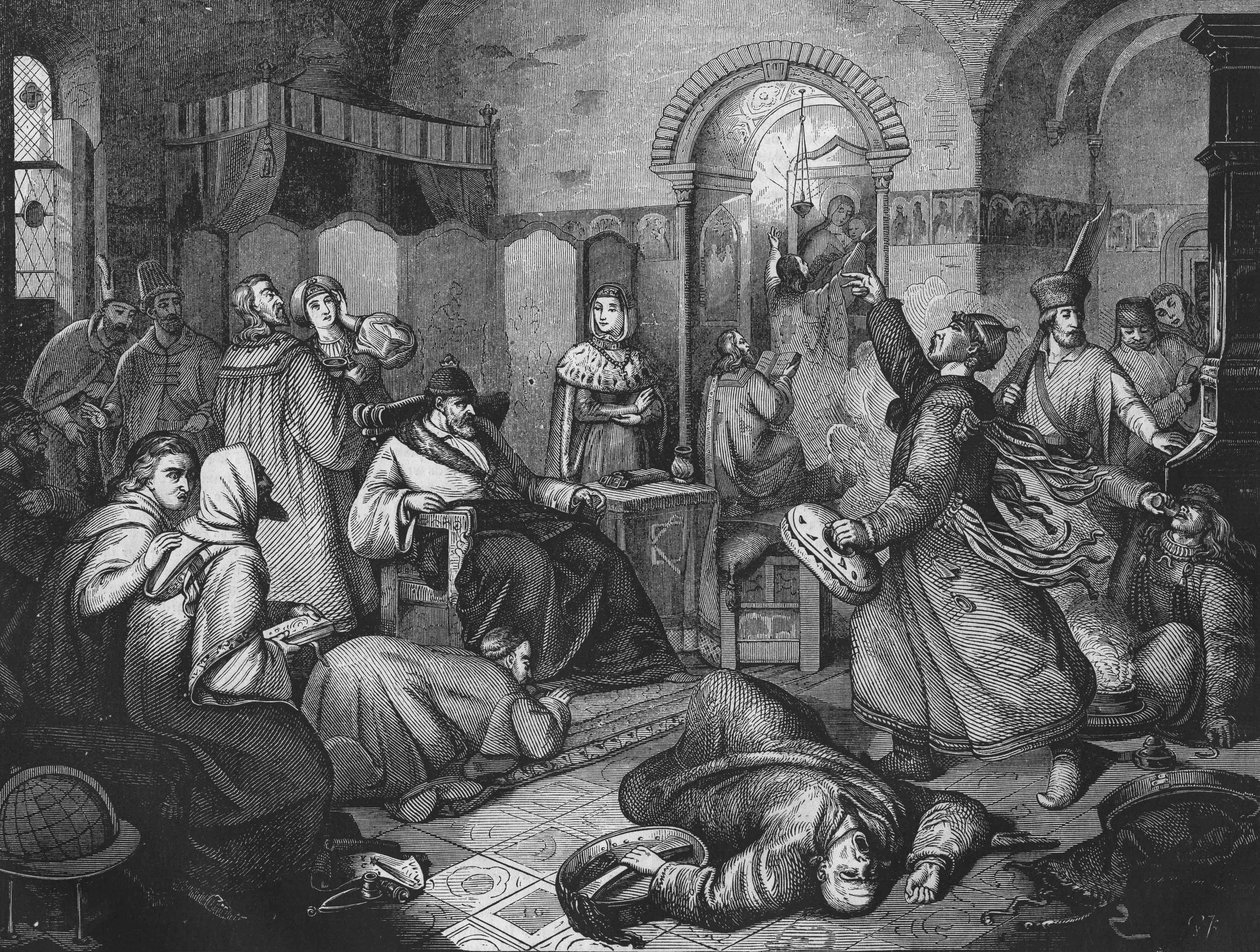 皇帝でありロシアの偉大な王子であったイワン4世（1530-1584）の最後の日に、彼のそばには美しい娘がいた。 作： 無名の画家
