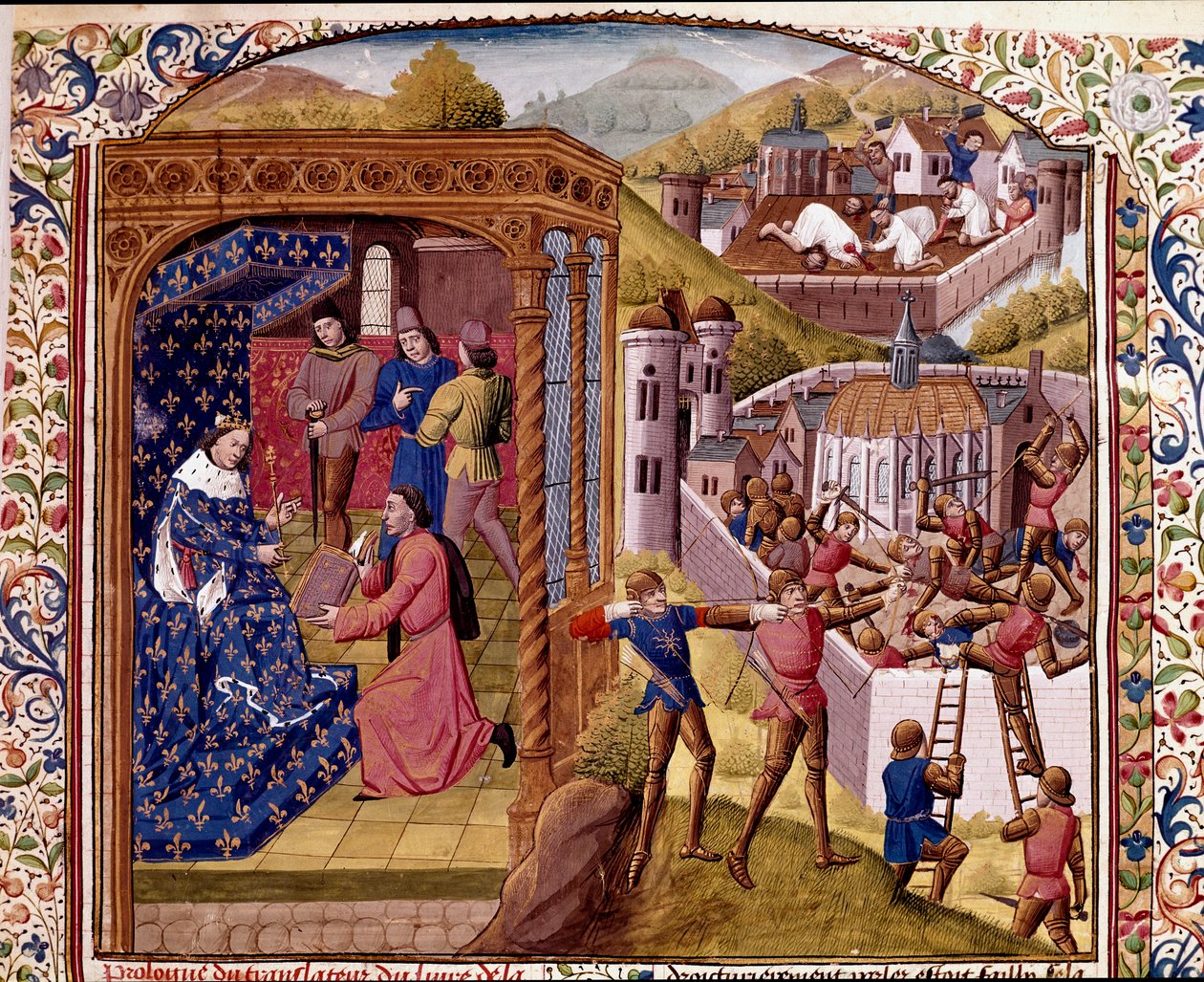 左はレオナルド・ダレッツォがフランス王シャルル8世に本を献上し、右はローマ人がレッジョを征服している。 ティトゥス・リヴィウス（紀元前59年～紀元後17年）の「ローマ史」（Ad urbe condita）からのミニチュアで、ピエール・ブレスィールが翻訳したもの（ms.310）1。 作： 無名の画家