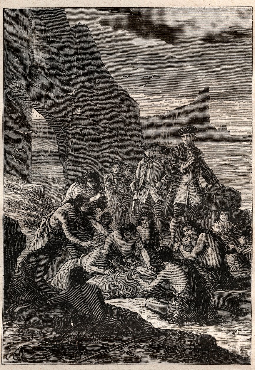 一人は歯でデコピン。Vice-Admiral John Byron (1723-1786) on one of the Detroit of Magellan - the Fuegians (in inhabitants of Tierra del Fuego) decoupe with their teeth, the whale that was torned and petrified on the beach - ill 作： 無名の画家