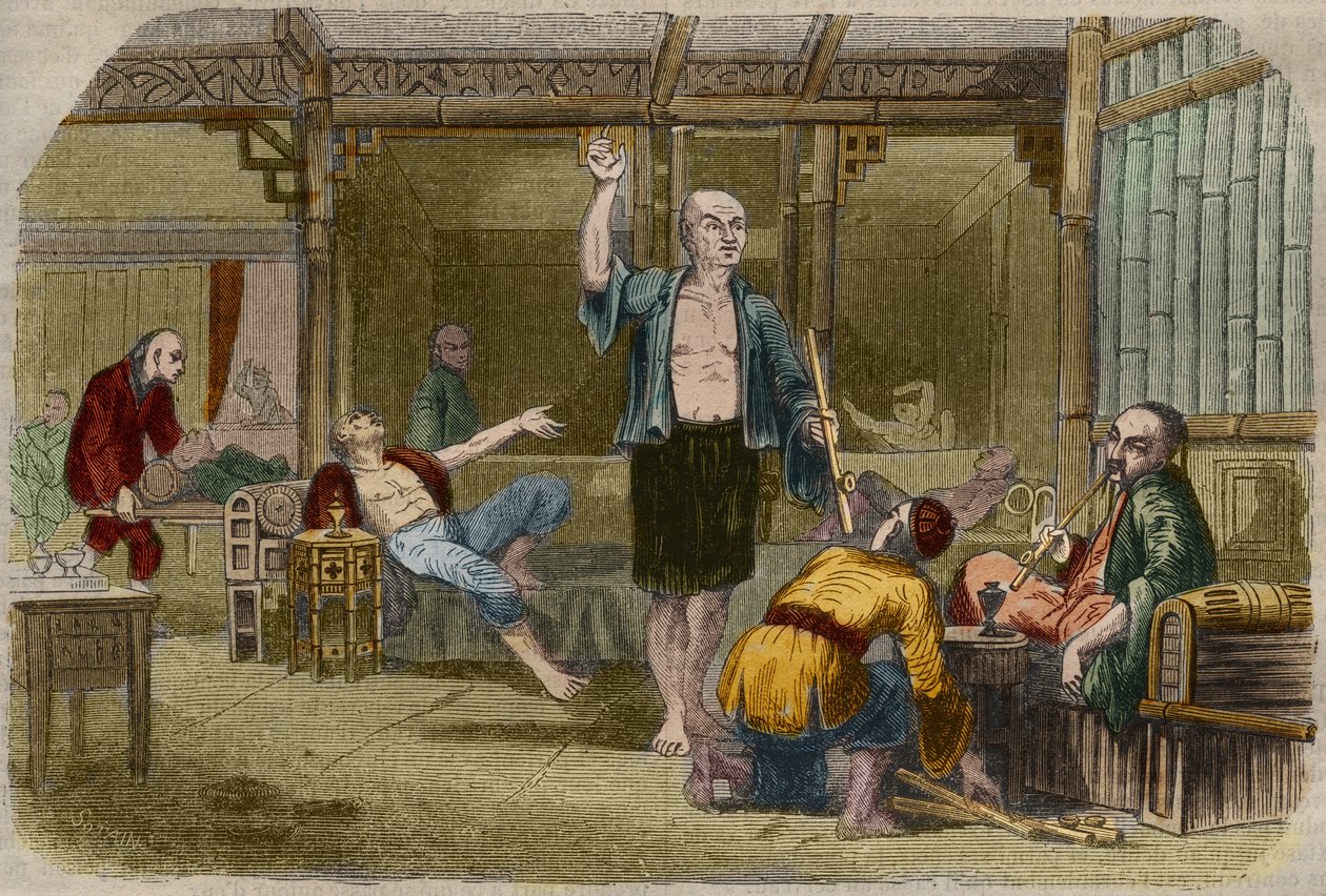 19世紀中頃の中国でのアヘン吸引者たち。1857年に描かれた「科学博物館」の版画 作： 無名の画家