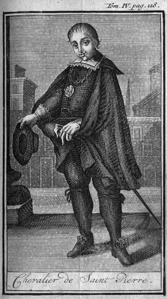 騎士の勲章.15世紀のローマでのサン・ピエトロ（サン・ピエトロ）騎士団。現在までに設立された男女の安全で日常的な民兵の軍事的秩序や騎士の歴史」では版はAbbe Giustinianiより引用。 作： 無名の画家
