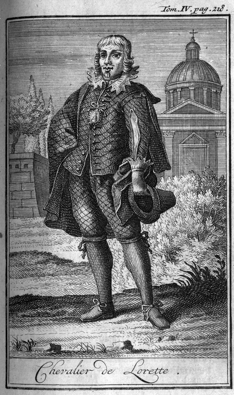 騎士の勲章。16世紀のフランスのシュヴァリエ・ド・ロレット。これまでに設立された男女の安全で定型的な民兵の軍事的秩序や騎士の歴史」ではAbbe Giustiniani, R.P.Bonani, M.Herから引用した版。 作： 無名の画家
