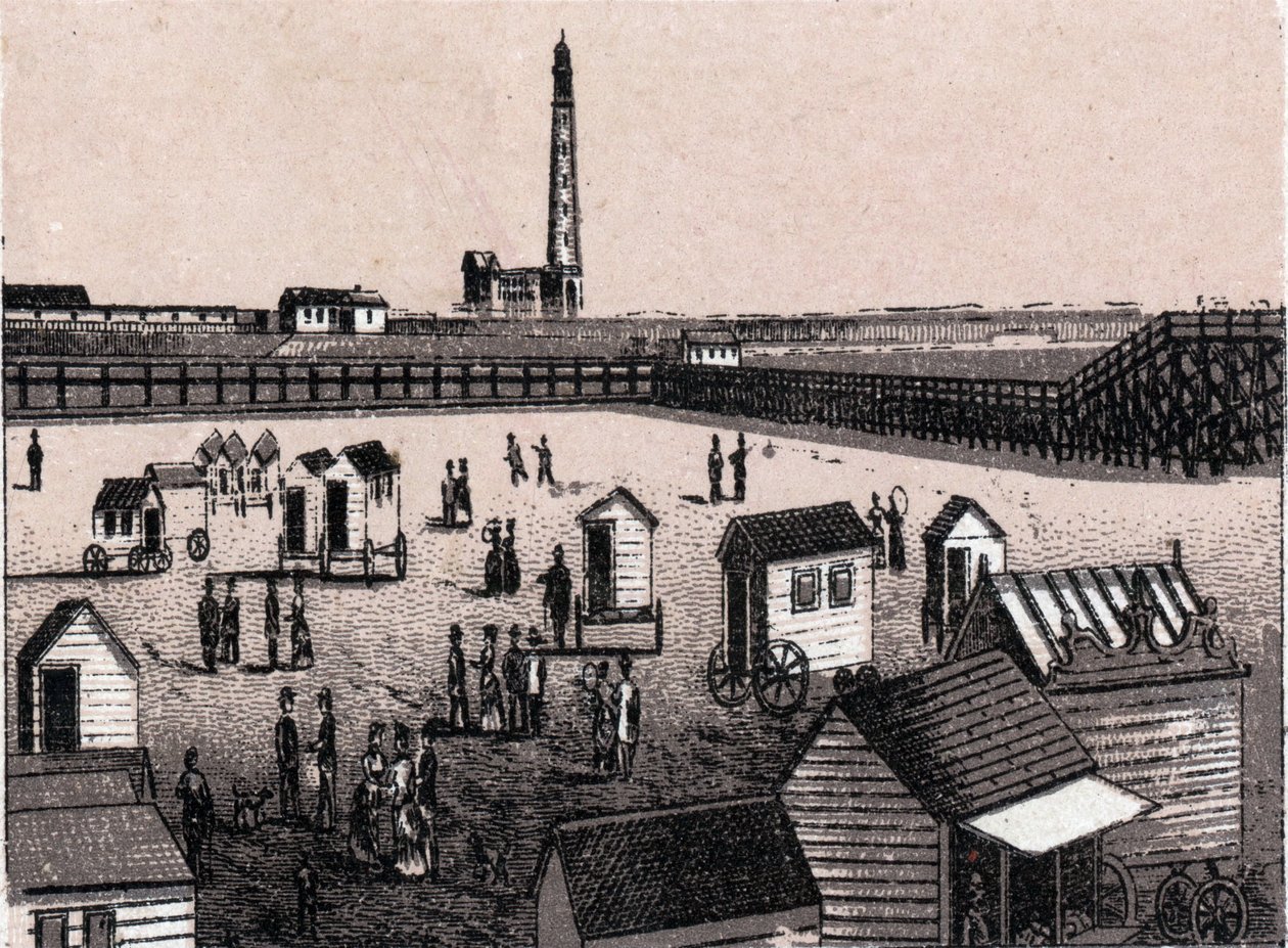 ベルギー、オステンド（Ostend）：東浴場と港（harbour, harbor）の眺め。「世界図鑑168景」にて 未発表（19世紀末 作： 無名の画家