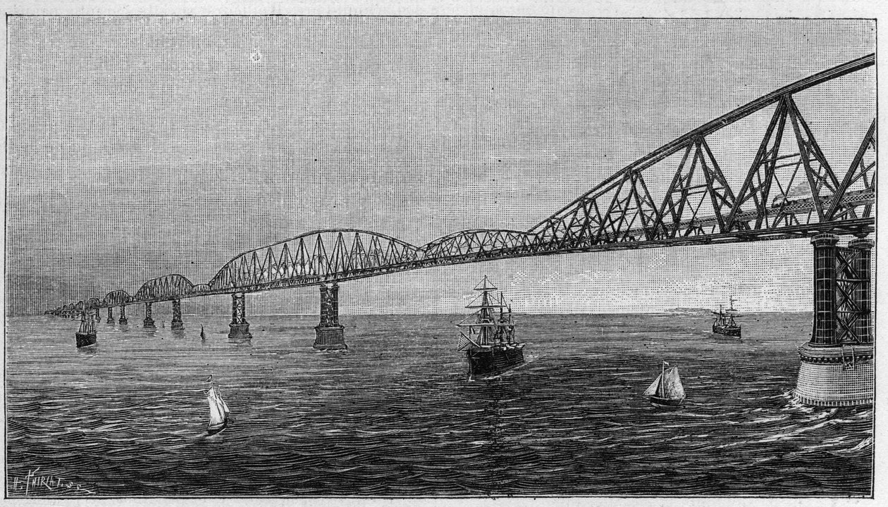 フランスとイギリスを結ぶ英仏海峡に架かる橋のプロジェクト「英仏海峡に架かる橋の概要」。ラ・ネイチャー」に掲載された版画。Revue des sciences et de ses applications aux arts et a l