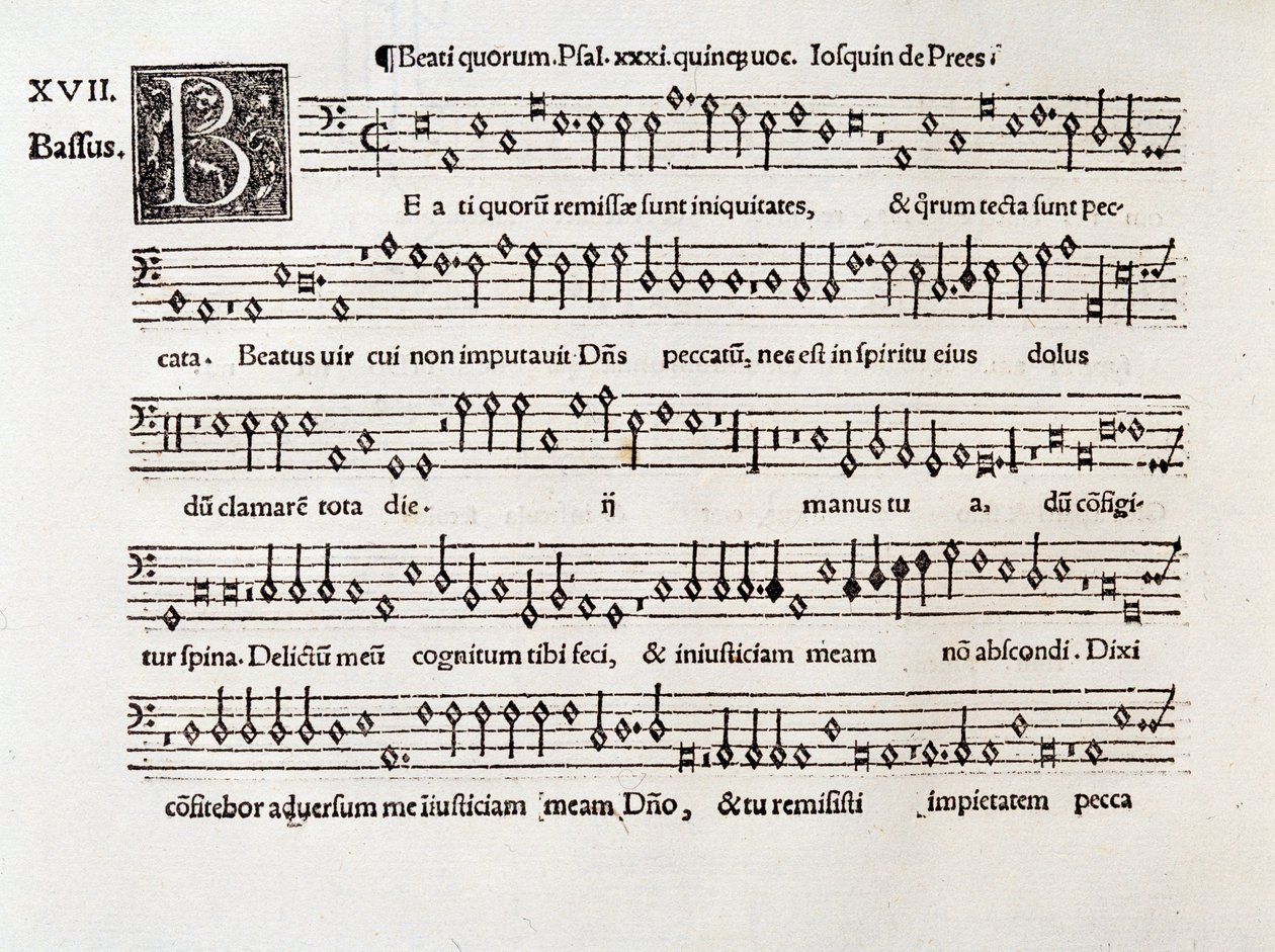 WillaertのBeati quorum psalm XIIIの譜面のページ（1538年 作： 無名の画家