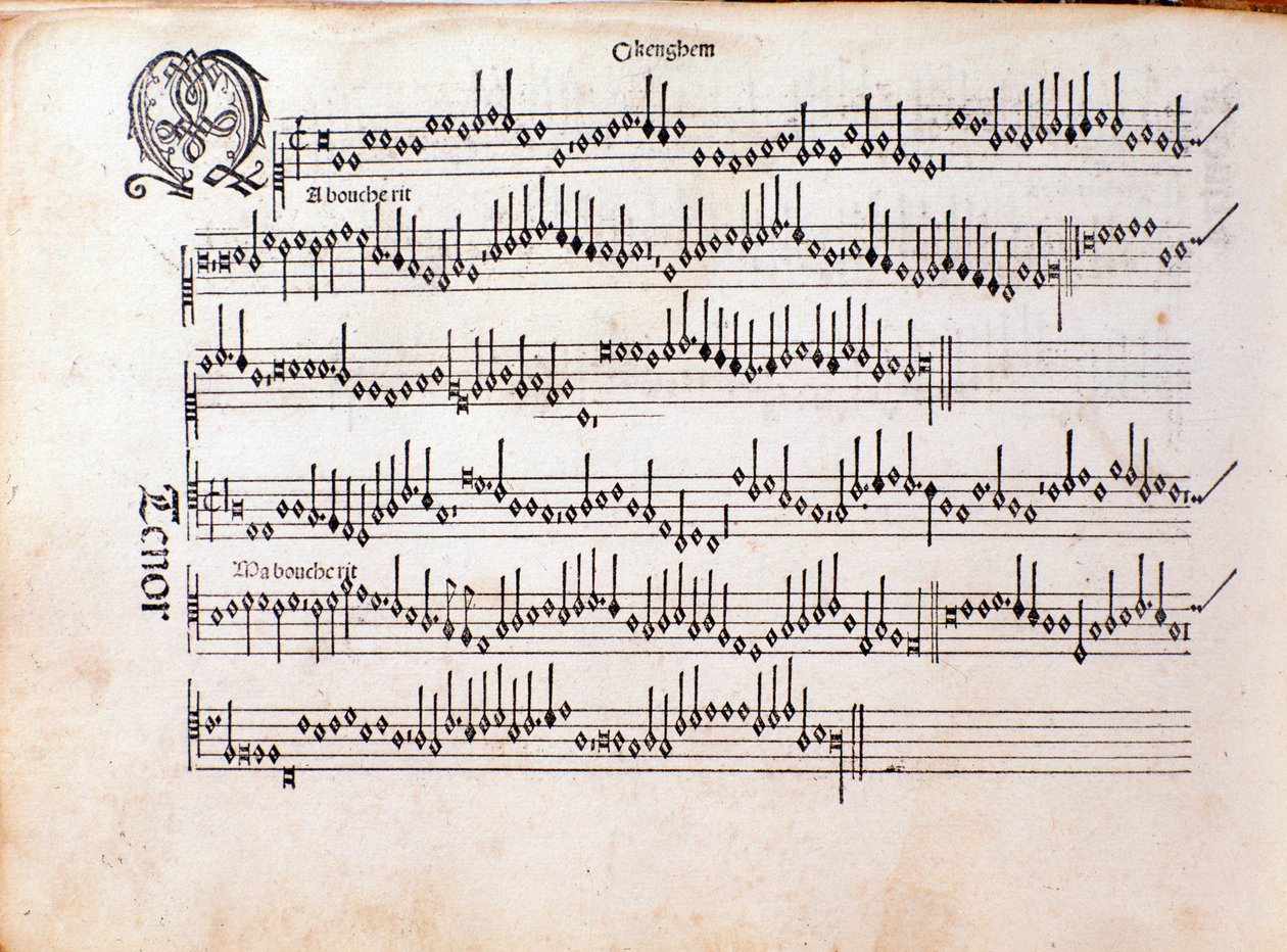 オッタビアーノ・ペトルッチの「Harmonice Musices Odhecaton」（1501年）の楽譜のページ。 作： 無名の画家