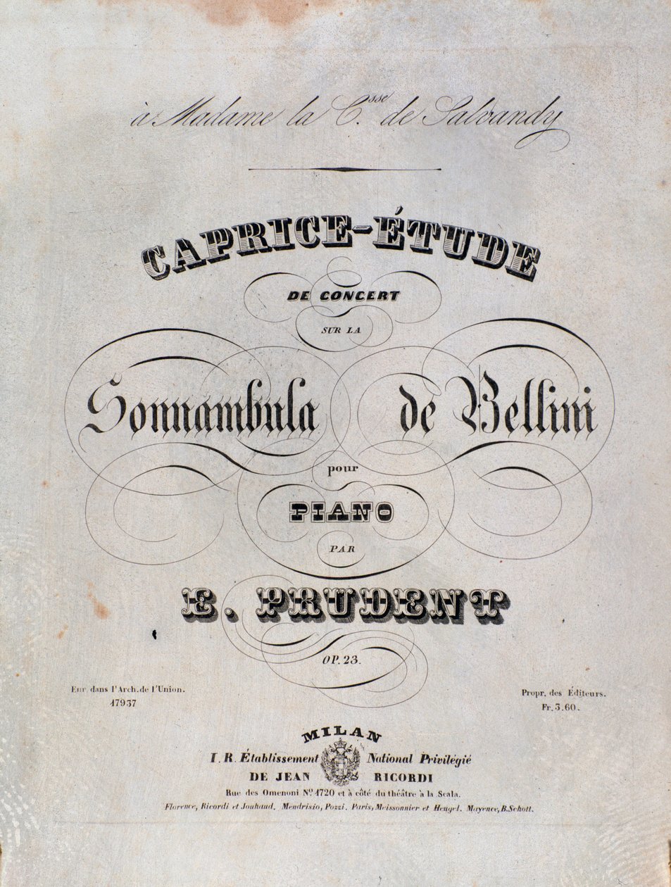 Vincenzo BelliniのLa sonnambulaに基づくEmile Prudentのピアノのためのカプリースタディーの楽譜のページです。 作： 無名の画家