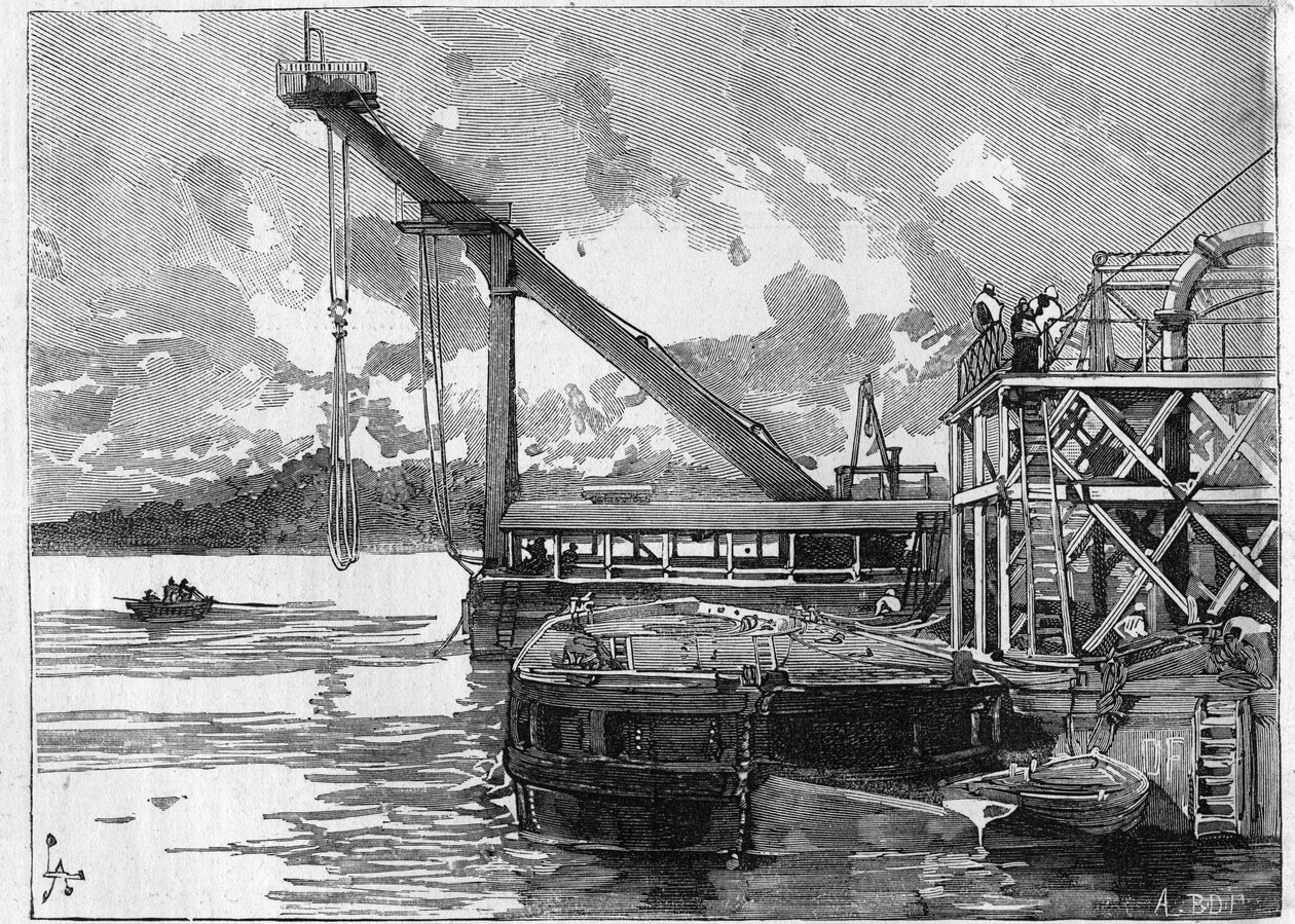 パナマ運河工事。主な機械：ビグ・ポンツーン。"Le Monde Illustré "に掲載された図版 作： 無名の画家