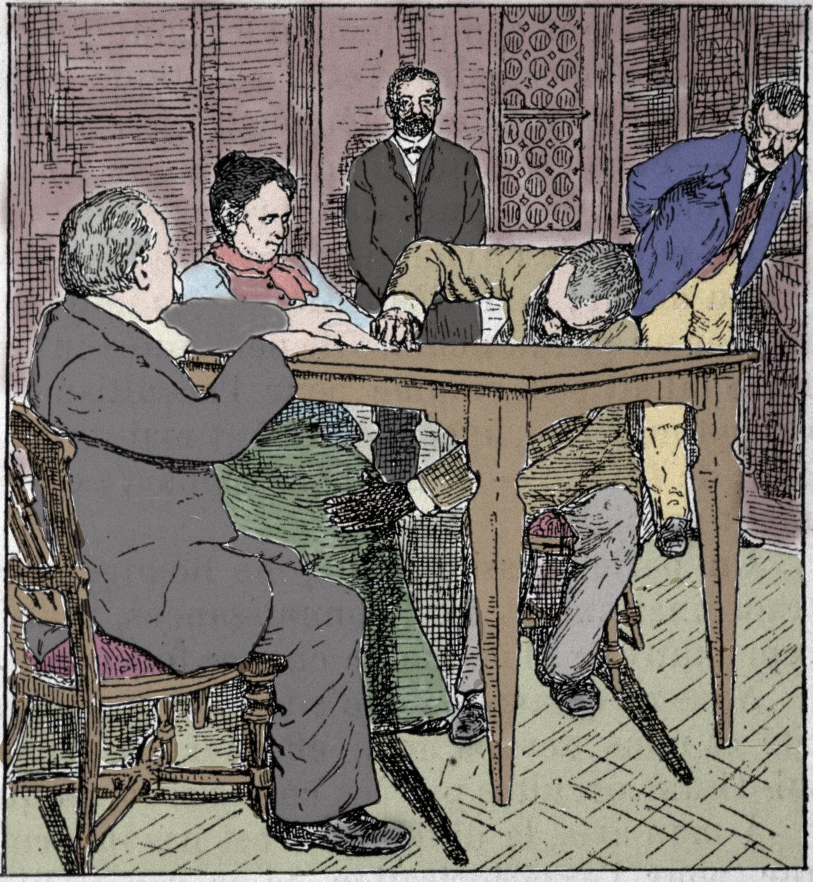 超常現象：1892年、ミラノで霊媒師エウサピア・パラディーノとチェーザレ・ロンブローゾ（1835-1909）、シャルル・リシェ（1835-1909）の立ち会いのもと、テーブルを持ち上げた体験。 作： 無名の画家