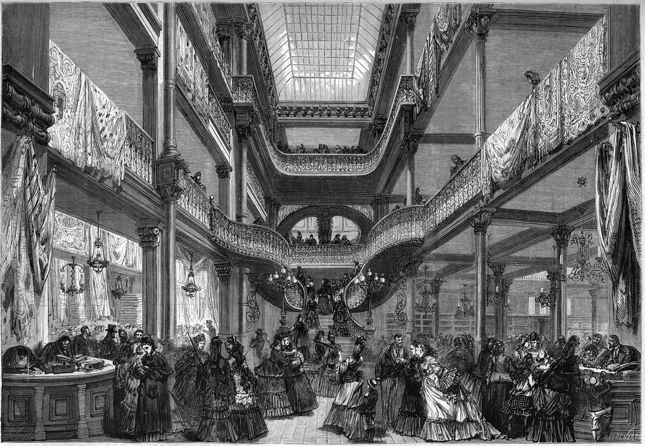 1872年のパリ：「At cheap」という新しいショップの内装。 作： 無名の画家