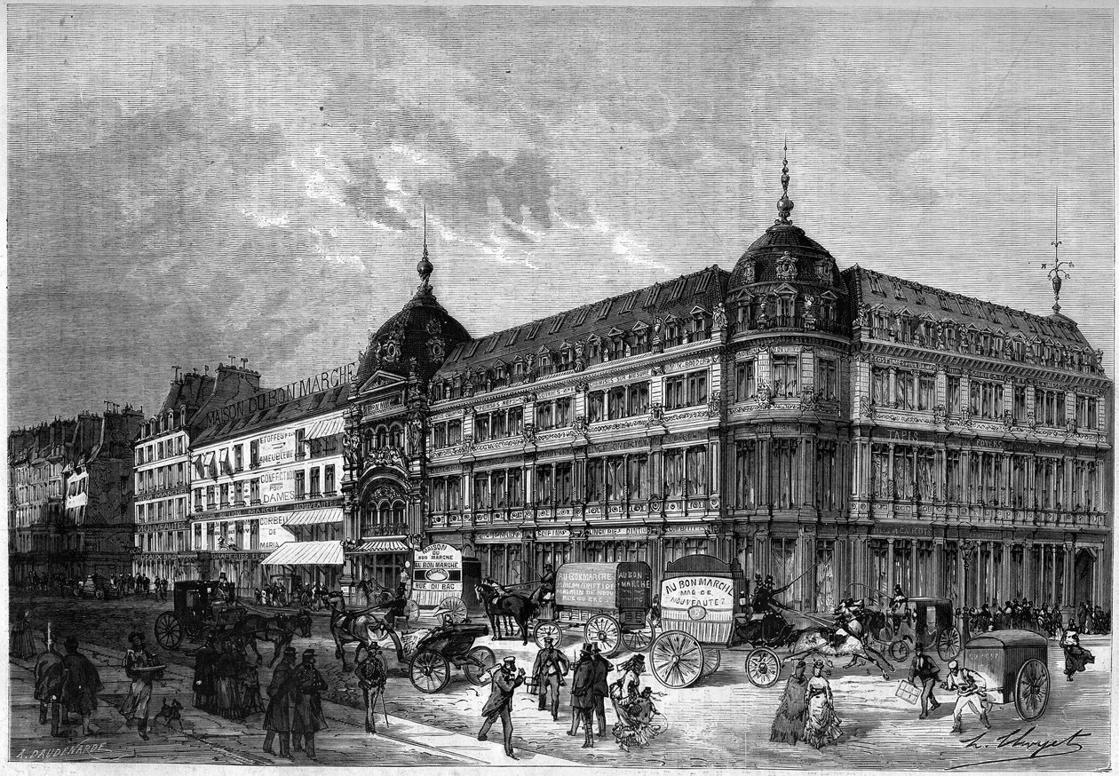 1872年のパリ：新しいショップ、「オー・ボン・マルシェ」。 作： 無名の画家