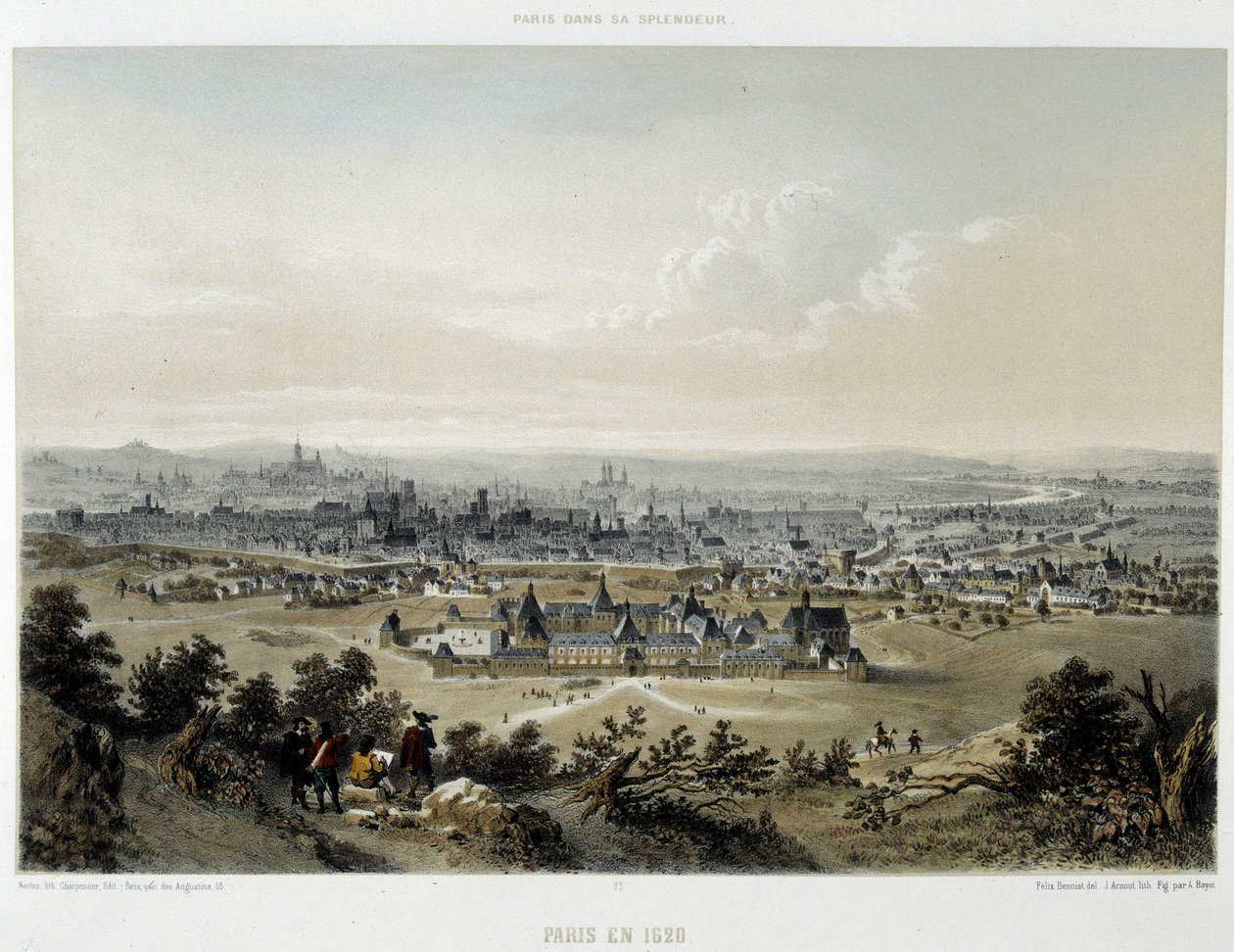 1620年のパリ、ショーモンの丘から見た全景-リトグラフ 作： 無名の画家