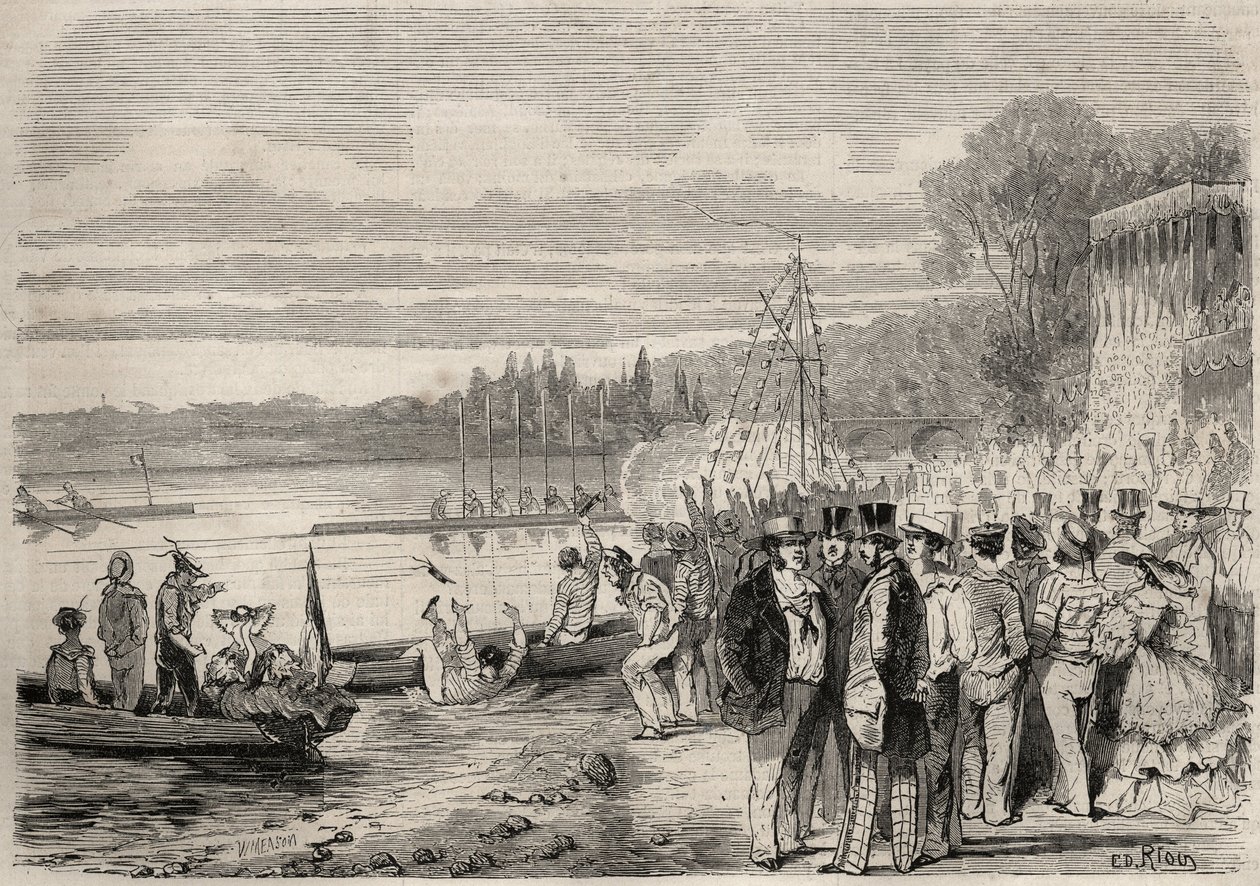 パリのカヌー隊。1857年のRegates de Saint-Cloud（サン・クラウド）。1857年の「Le Monde illustrious」に掲載されたエングレーヴィング。個人蔵。 作： 無名の画家