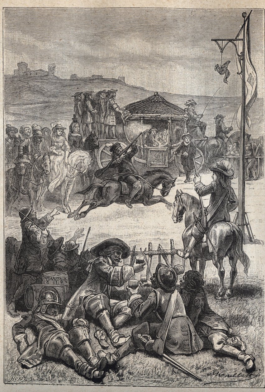 オウム撃ち - ウォルター・スコット（1771-1832）の歴史小説「スコットランドの清教徒」（Old Mortality）の19世紀の挿絵。 作： 無名の画家