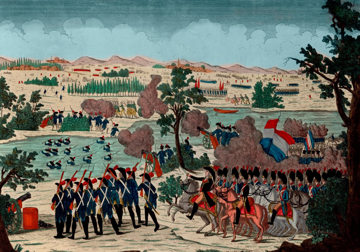 Übergang über den Mincio am 11. Prairial Jahr IV (20. Dezember 1800) durch die französischen Grenadiere. Unter den Augen von General en Chef Bonaparte - Gravur - 1800 - Die Schlacht von Pozzolo (auch bekannt als die Schlacht am Mincio-Fluss und Monzambano) von Unknown artist