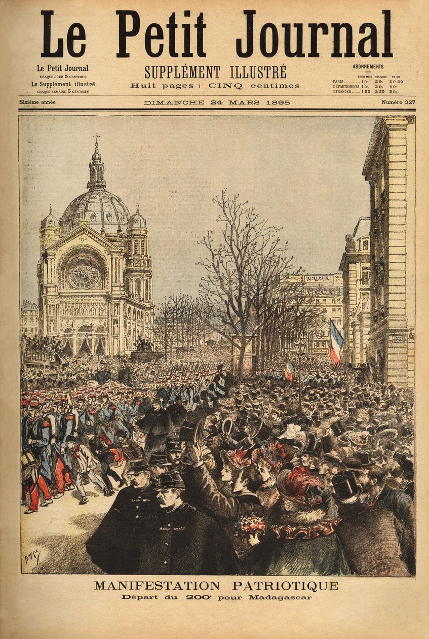 マダガスカルへの第200連隊出発のためのパリでの愛国的デモ。1895年3月24日、「Le petit journal」誌に掲載された版画。セルバのコレクション。 作： 無名の画家
