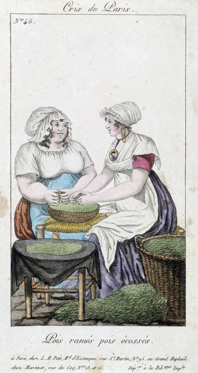 エンドウの商人：エンドウを流す2人の女性。"Row peas, Scottish peas" - "Cris de Paris", deb.19世紀 作： 無名の画家