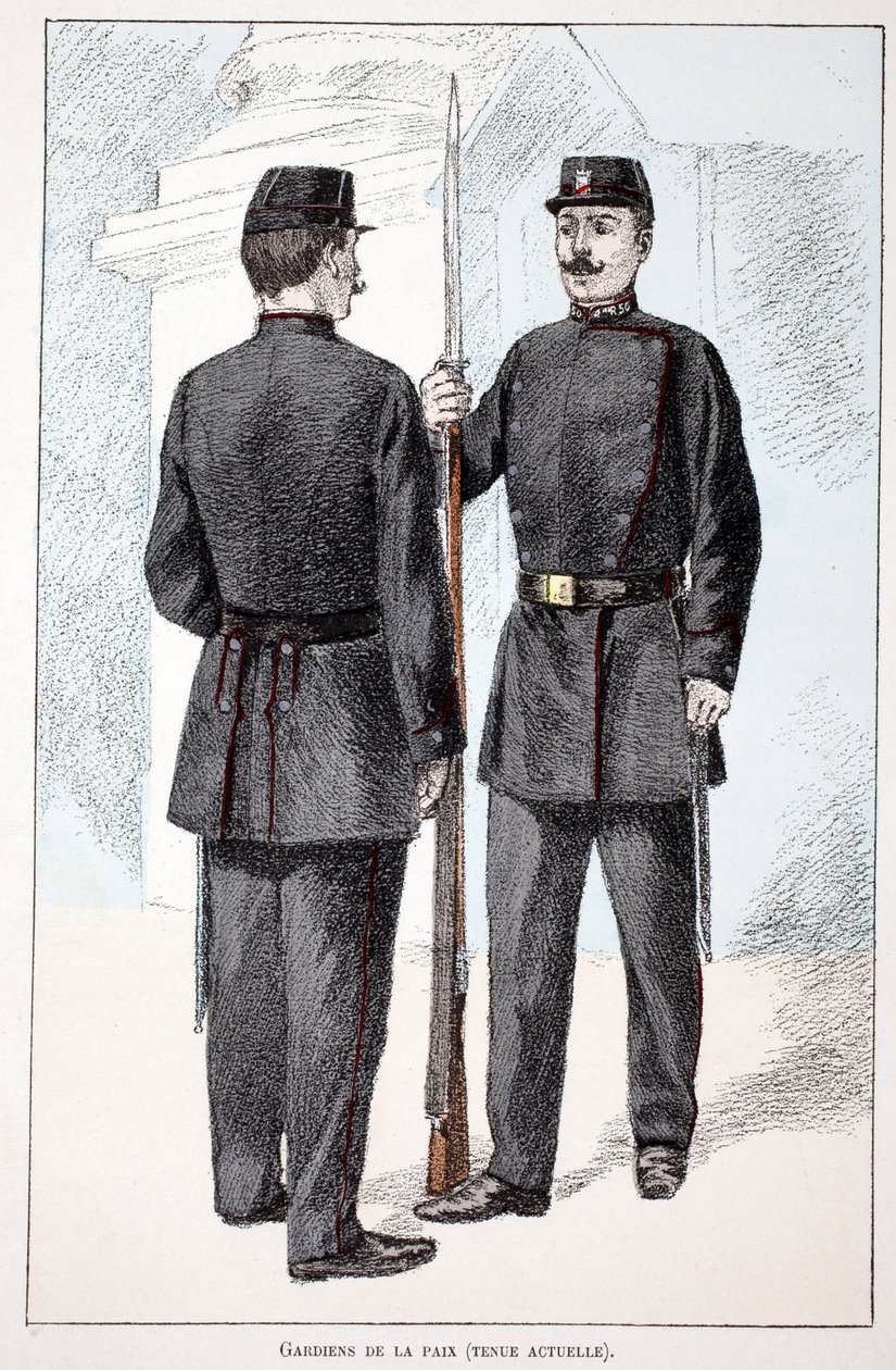 ピースキーパー（Lepine期）。アルフレッド・レイ(1864-?)とルイ・フェロン(1862-?)がセーヌ川の警察官だったルイ・ルピーヌ(1846-1933)の後援で出版した本「平和の戦士たちの歴史」の挿絵のためのカラー・エッチング。 作： 無名の画家