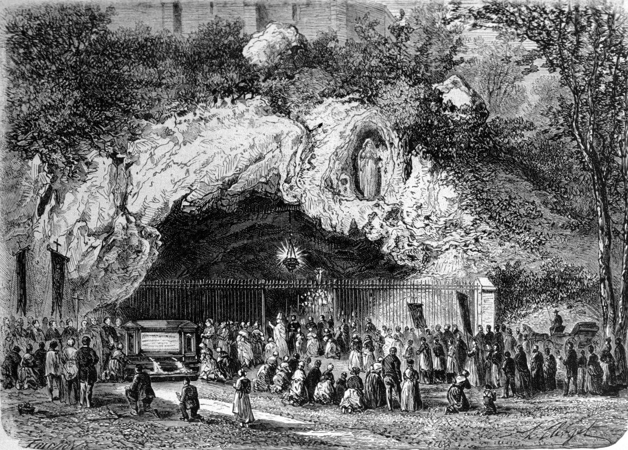 1858年にベルナデット・スービロウス（1844-1879）に聖母が現れたピレネー山脈の高地にあるルルドの奇跡の洞窟の前にあるペレラン、現在の巡礼地。19世紀のエングレーヴィング 作： 無名の画家