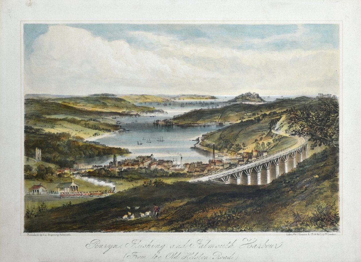 ペンリン港、フラッシング港、ファルマス港（オールド・ヘルトン・ロードから） 1860-80年頃（紙にカラーリトグラフ） 作： 無名の画家