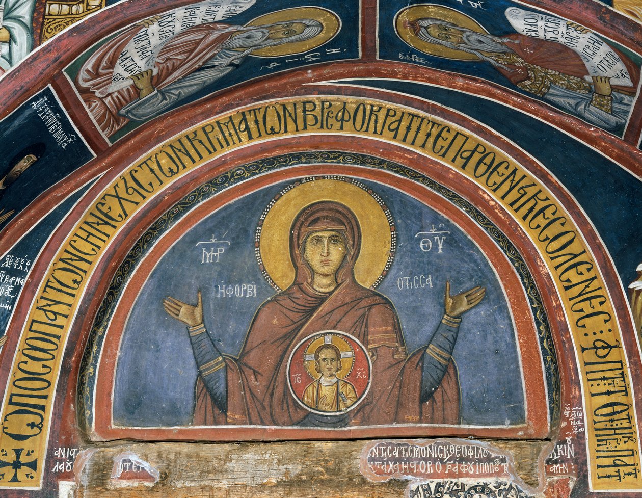 フォルビオティサ・パナギア、メダイヨンのキリストの聖母、フレスコ画（1332-1333年）、ビザンチン様式のアシノウの聖母教会（12世紀）（ユネスコ世界遺産、2001年）、キプロス、トロードス山脈 作： 無名の画家