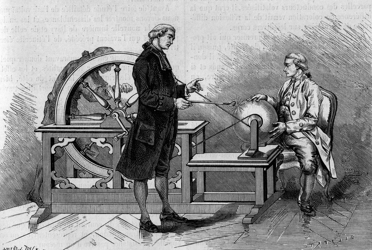 18世紀の物理学の経験：電気機械の生み出す光。Abbe Nolletより）。1878年4月6日の「La Nature: revue des sciences et de leurs applications aux arts et a l