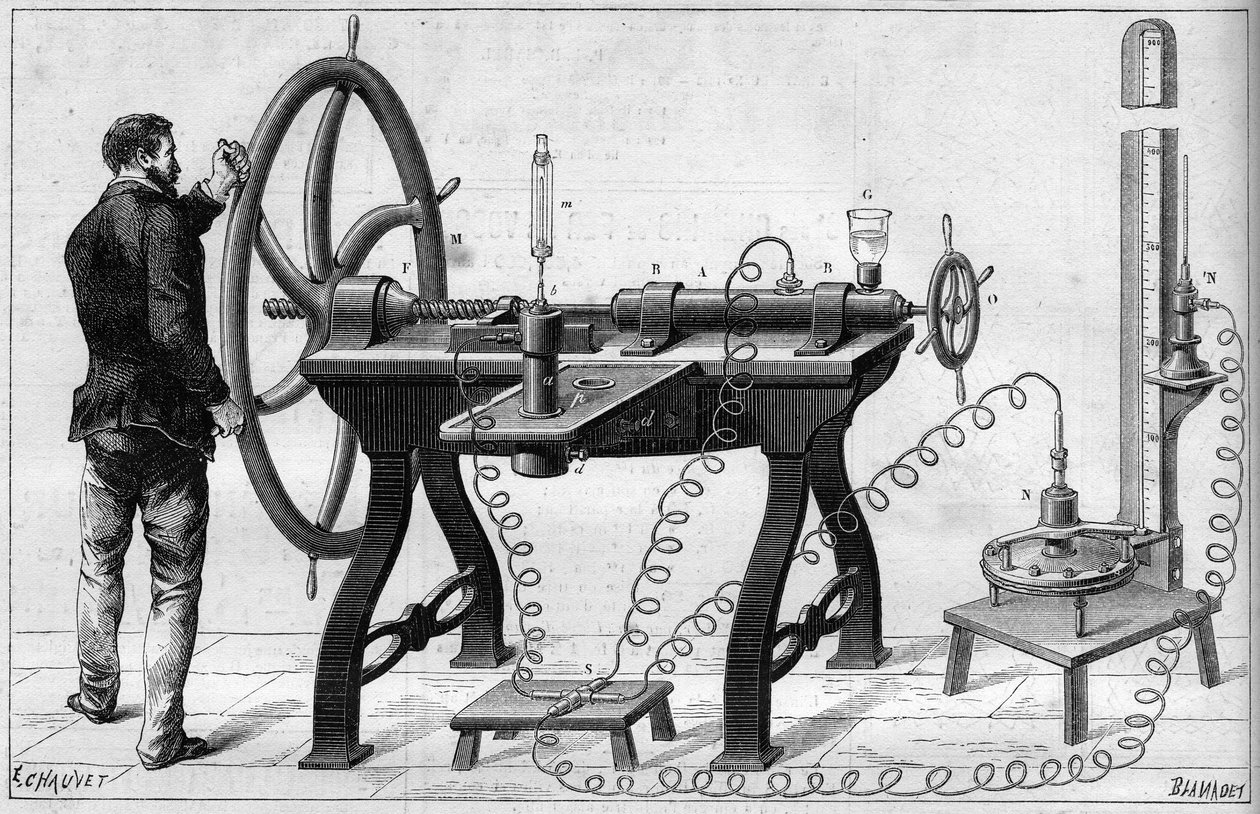 物理学：フランスのルイ・ポール・カイユテ（1832-1913）が発明したガス漏れ防止装置。"La Nature "に掲載された図版 作： 無名の画家