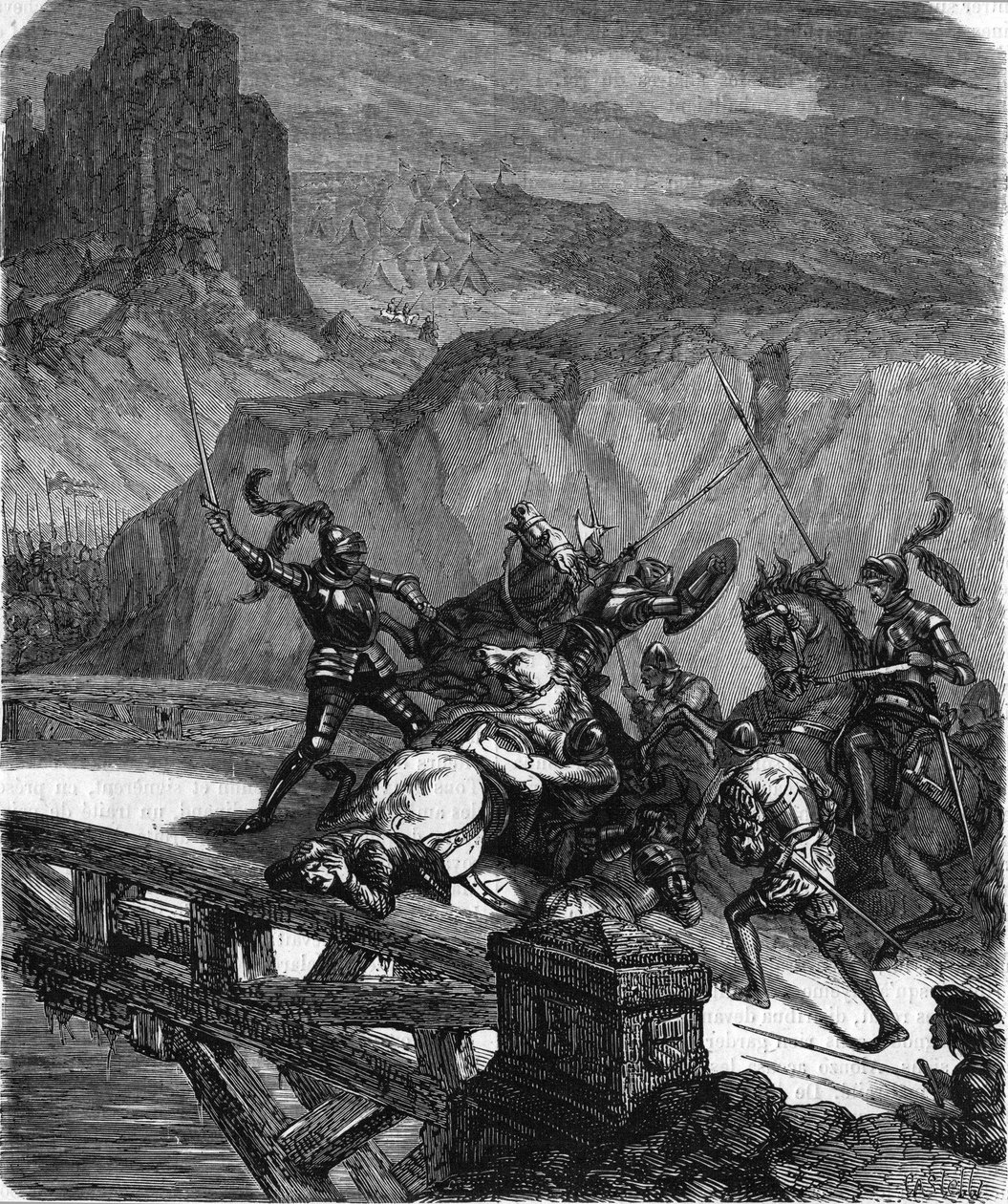 1503年、ガリリャーノ橋（イタリア）を守るバイヤール公ピエール・テライユ。19世紀のエングレーヴィング。 作： 無名の画家
