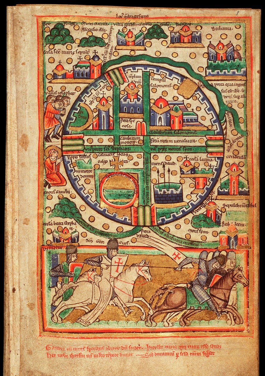 エルサレムの平面図 (イスラエル) - 羊皮紙に水彩画、写本詩篇からの抜粋、1200年頃 - エルサレムの平面図、詩篇の断片 羊皮紙に水彩画、1200年頃 - Koninklijke Bibliotheek、ハーグ 作： 無名の画家