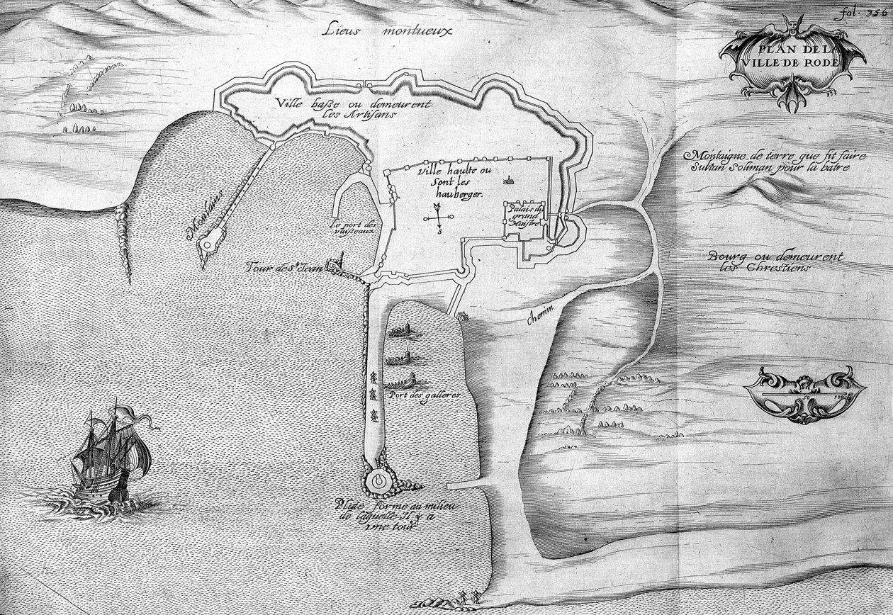 ロードス島（ロドス島）の平面図-1621年に国王の命により作成された「Voyage de Levant」の中で、1629年（ルイ13世ル・ジュストの時代）に編集されたもの。 作： 無名の画家