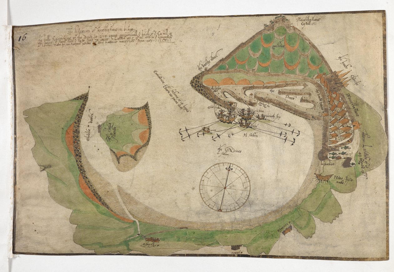 1585 年 6 月、リチャード ポールターが描いたサン セバスチャンの町と港の平面図 作： 無名の画家