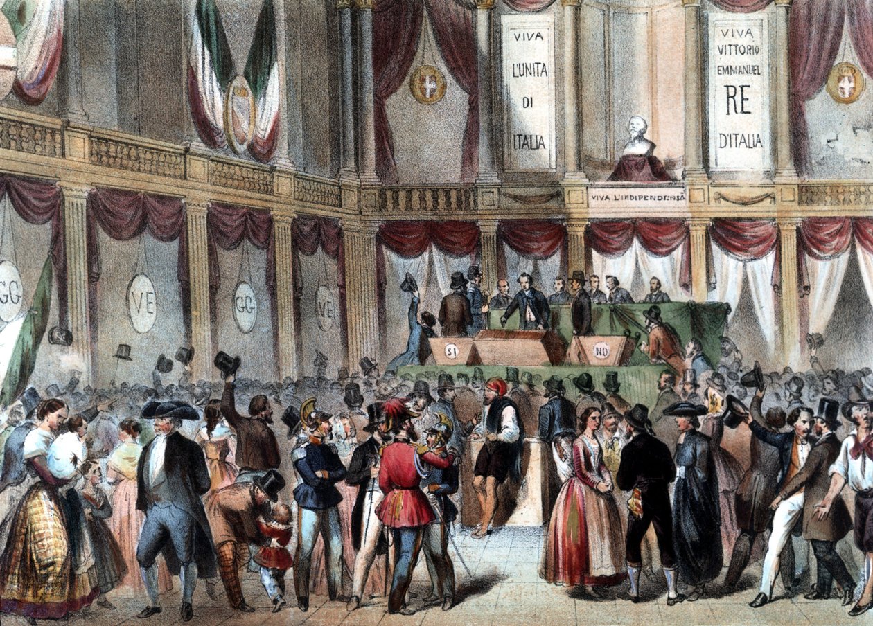 1860年に行われたナポリ王国のイタリアへの併合を問うプレビスク。背景にあるのはViva Vittorio Emmanele (Victor Emmanuel) Re D