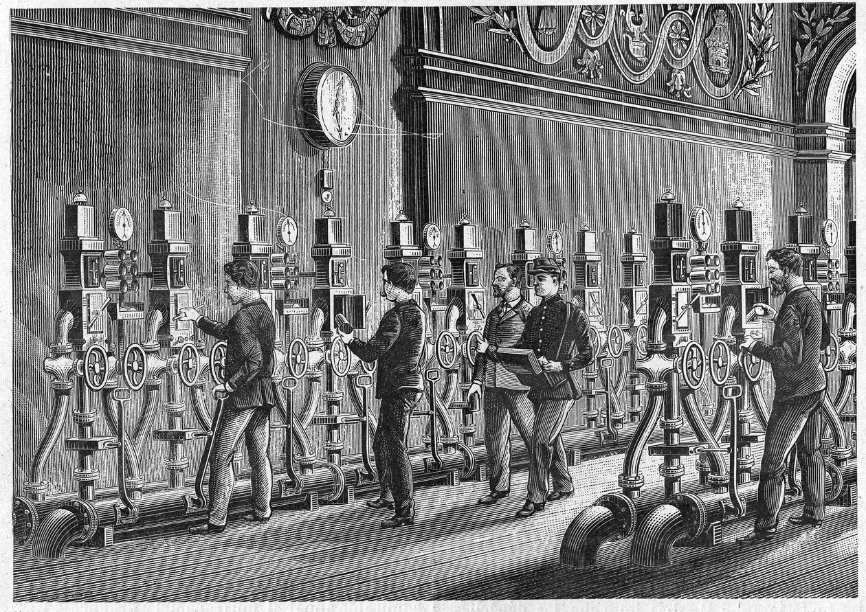 1888年、パリの証券取引所に設置された空気圧式郵便局。 作： 無名の画家
