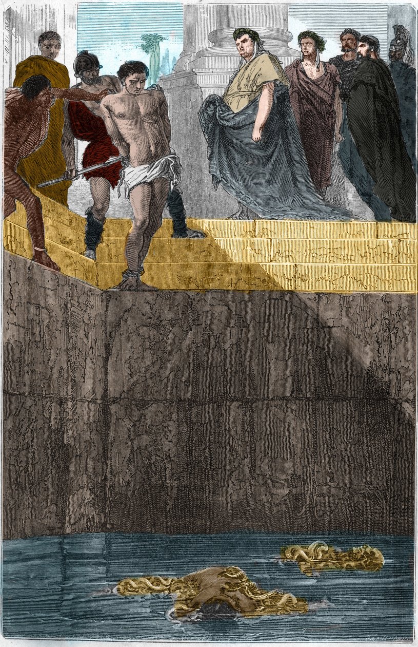 Pollion Vedius, römischer Gastronom, berüchtigt für seine Grausamkeit gegenüber seinen Sklaven. Um sie zu fangen, warf er sie lebendig zu seinen Muränen. Eines Tages aß Augustus (Caius Octavius Thurinus) bei ihm zu Hause, also ließ er einen Sklaven stürzen von Unknown artist