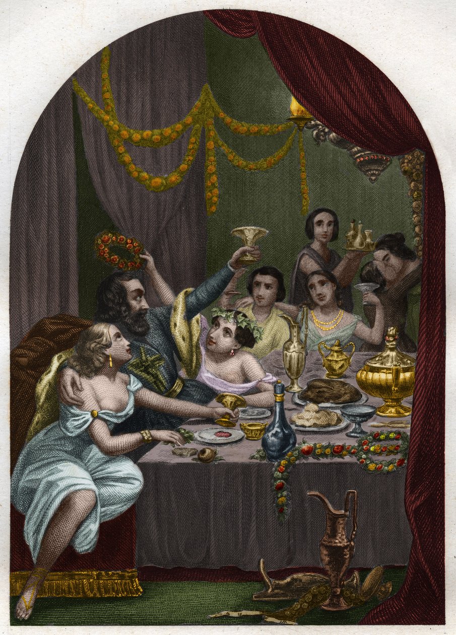 Papst Alexander VI. (1431-1503) (Alessandro, Rodrigo Borgia) Rodrigo Borgia feiert die Hochzeit seiner Tochter Lucrezia Borgia (Lucrezia) mit 50 Kurtisanen im Vatikan. Gravur von 1842 in „Histoire des popes: crimes, murders, poisonings, parricides“ von Unknown artist