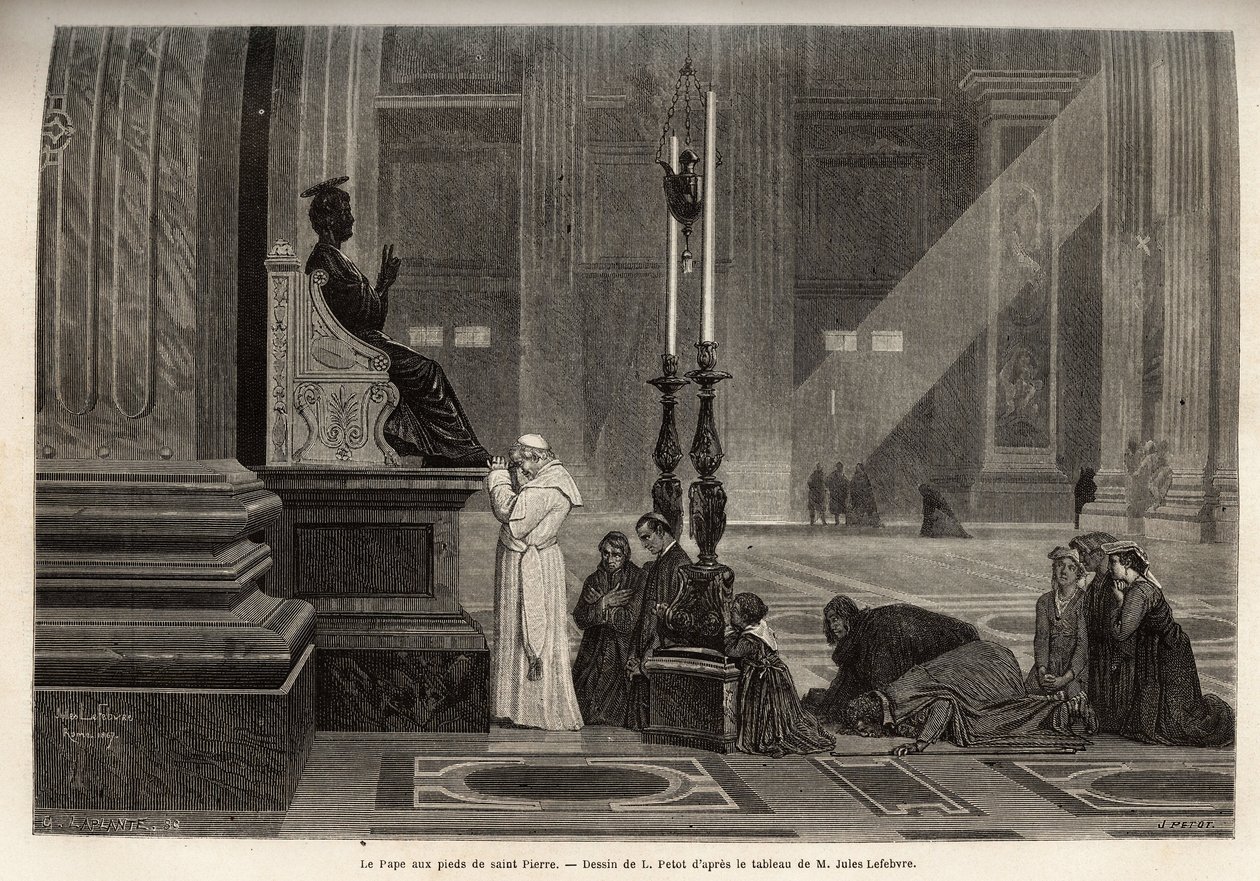 Papst Pius IX. (1792-1878) am Fuße der Statue von St. Peter, am Eingang der Basilika, im Vatikan. Gravur zur Illustration der Rom-Geschichte, von Francis Wey, 1864-1868, veröffentlicht in "le tour du monde" von Unknown artist