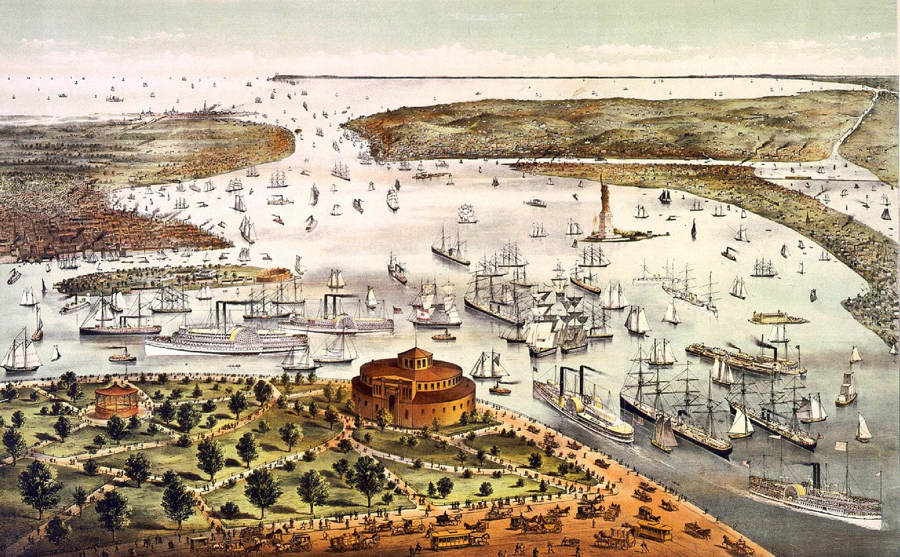 ニューヨークの港、上空からの眺め。エングレーヴィング v. 1892年 作： 無名の画家