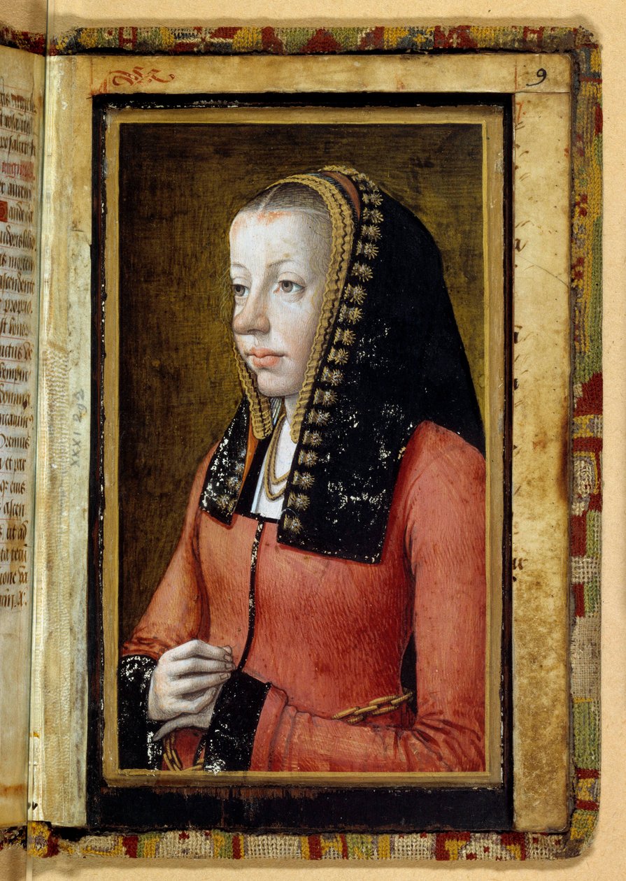 フランス王妃アンヌ・ド・ブルターニュ（1477-1514）を想定した肖像画。ミニチュア、時の書の断片。アノニマス 作： 無名の画家