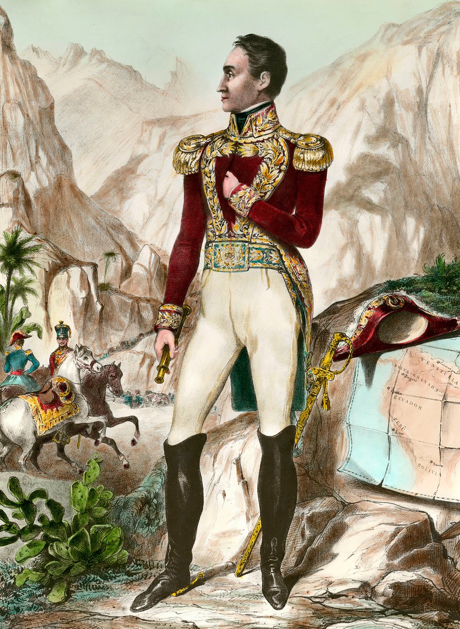シモン・ボリバル(1783-1830)の頭上の肖像 一般的な19世紀の南米のエングレーヴィング。個人蔵 作： 無名の画家