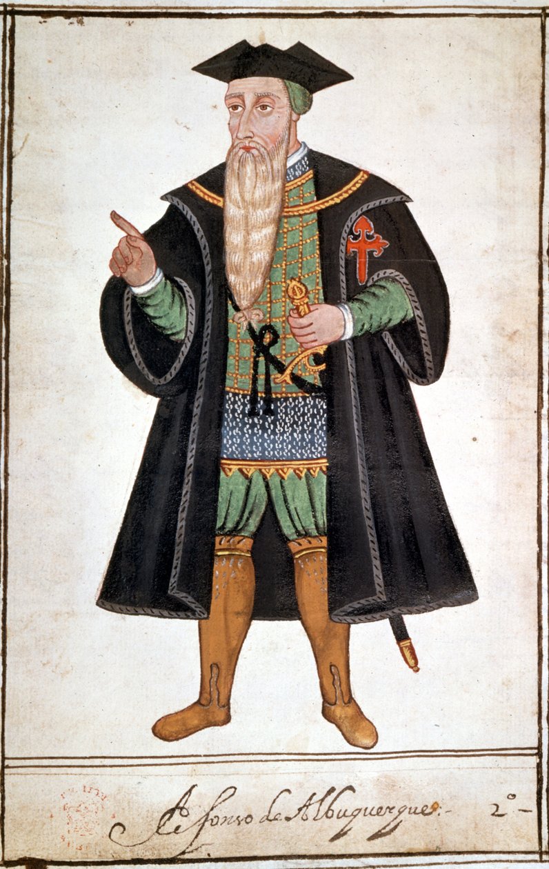 アルブケルケ(1453 - 1515)によるアルフォンス(アルフォンソまたはアフォンソ)の肖像。ペドロ・ヴァレット・デ・レセンダの手稿。16世紀の作品。 作： 無名の画家