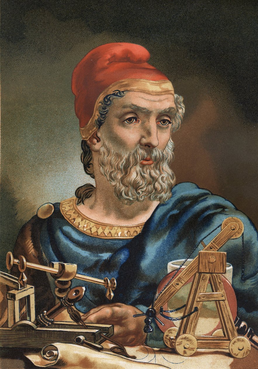 アルキメデスの肖像（ギリシャ語 Arkhimêdês 数学者、ギリシャの物理学者（紀元前287年シラキュースから紀元前212年イド）。1881年バルセロナ。 作： 無名の画家