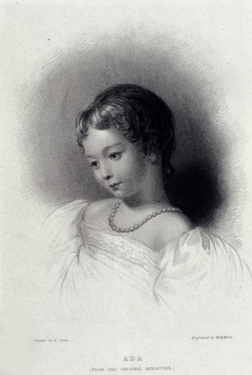 詩人ジョージ・ゴードン・バイロンの娘で、アンナ・ラブレースとなったオーガスタ・アダ・バイロン（1815-1852）の肖像。19世紀のエングレーヴィング。 作： 無名の画家