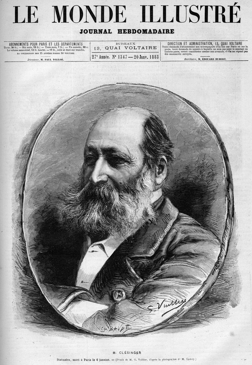 フランスの彫刻家・画家であるオーギュスト・クレサンジェー（1814-1883）の肖像。1883年「Le Monde illustrious」に掲載されたエングレーヴィング。個人蔵。 作： 無名の画家