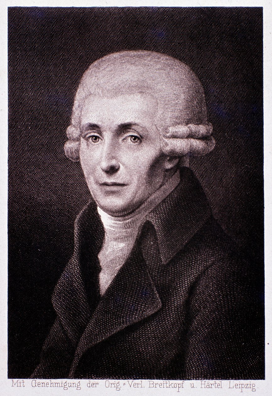 オーストリアの作曲家ヨーゼフ・ハイドン（1732-1809）の肖像 エングレーヴィング。19世紀ミラノ、ビブリオテカデルコンセルヴァトーリオ 作： 無名の画家